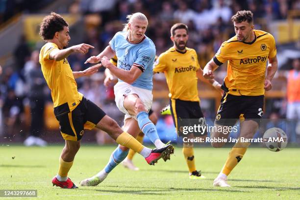 Erling Haaland of Manchester City has a shot at goal during the Premier League match between Wolverhampton Wanderers and Manchester City at Molineux...