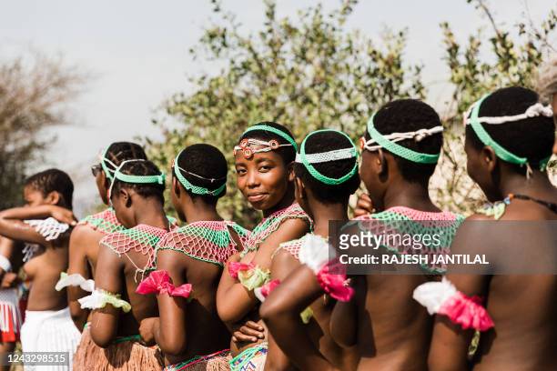 Zulu maidens gather during the annual Umkhosi Womhlanga at the Enyokeni Royal Palace in Nongoma on September 17, 2022. - Every September, tens of...