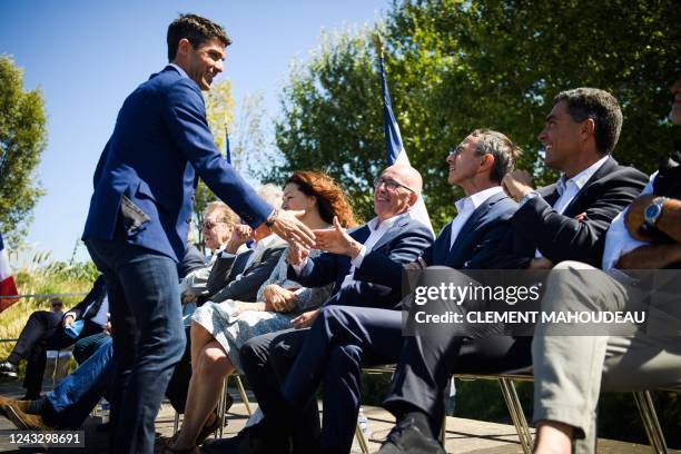 Les Republicains member of the Parliament Aurelien Pradie greets LR MP Eric Ciotti and president of Les Republicains group at the Senate, Bruno...