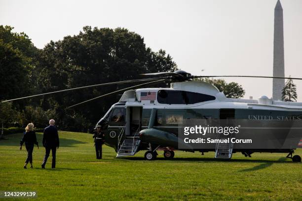 President Joe Biden and first lady Jill Biden walk to Marine One on the South Lawn of the White House on September 17, 2022 in Washington, DC. The...