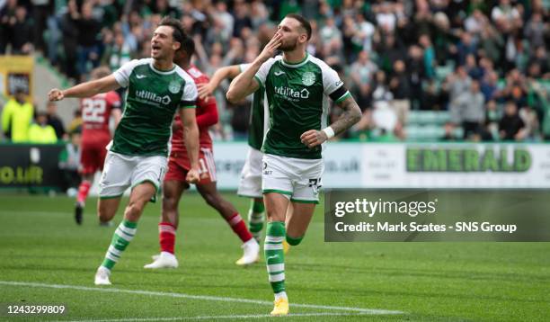 Hibernian's Martin Boyle celebrates making it 1-1 during a cinch Premiership match between Hibernian and Aberdeen at Easter Road, on September 17 in...