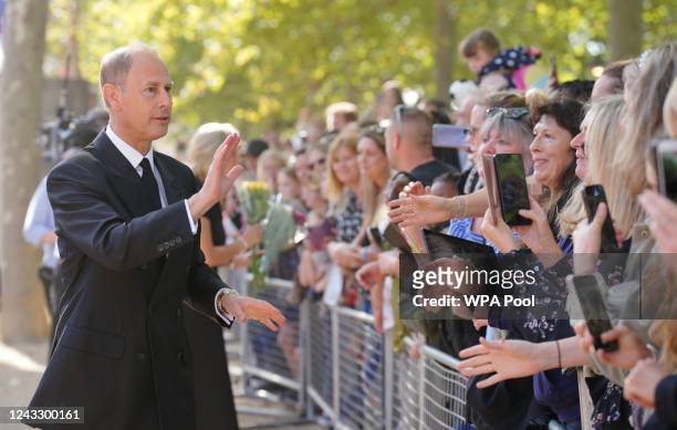 Prince Edward, Earl of Wessex meets wellwishers outside Buckingham Palace on September 17, 2022 in London, United Kingdom. Queen Elizabeth II is...