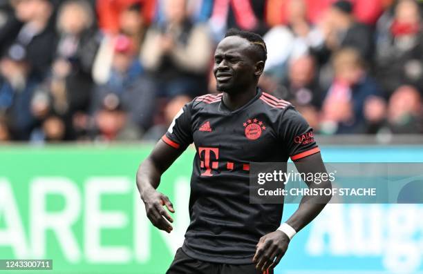 Bayern Munich's Senegalese forward Sadio Mane reacts during the German first division football Bundesliga match between FC Augsburg and FC Bayern...