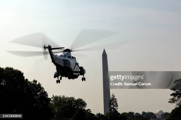 Marine One takes off from the South Lawn of the White House with U.S. President Joe Biden and first lady Jill Biden aboard on September 17, 2022 in...