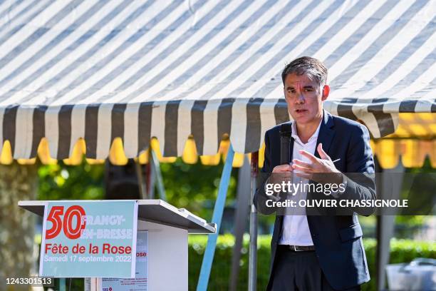 French socialist party first secretary Olivier Faure delivers a speech during the 50th traditional "Rose festival" in Frangy-en-Bresse,...