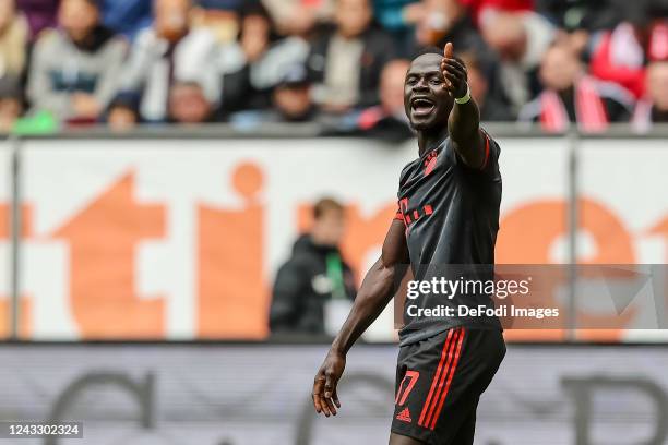 Sadio Mane of Bayern Muenchen gestures during the Bundesliga match between FC Augsburg and FC Bayern München at WWK-Arena on September 17, 2022 in...