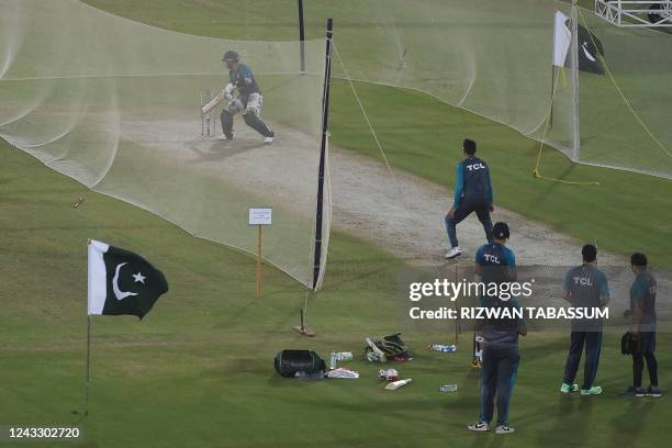 Pakistan cricket players practice at the nets during a training session at the National Cricket Stadium in Karachi on September 17 ahead of their...