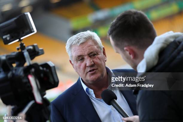 Steve Bruce Head Coach / Manager of West Bromwich Albion is interviewed for TV Television after the Sky Bet Championship between Norwich City and...