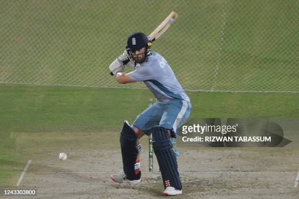 England's James Michael Vince bats at the nets during a training session at the National Cricket Stadium in Karachi on September 17 ahead of their...
