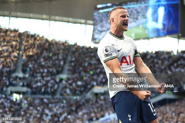 Eric Dier of Tottenham Hotspur celebrates after scoring a goal to make it 2-1 during the Premier League match between Tottenham Hotspur and Leicester...