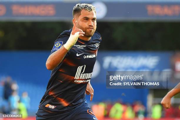 Montpellier's French midfielder Teji Savanier celebrates scoring his team's second goal during the French Ligue 1 football match between Montpellier...
