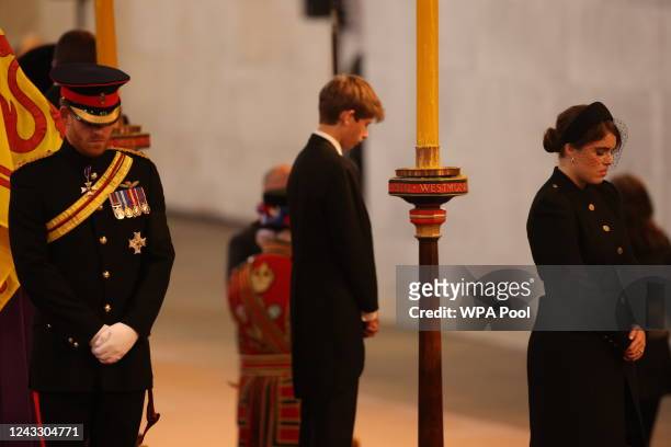 Queen Elizabeth II 's grandchildren Prince Harry, Duke of Sussex, James, Viscount Severn and Princess Eugenie inside Westminster Hall on September...