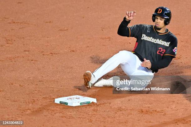 Aaron Altherr of Team Germany slides into second during Game 4 between Team Great Britain and Team Germany at Armin-Wolf-Arena on Saturday, September...
