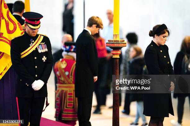 Prince Harry, Duke of Sussex, Princess Eugenie of York and James, Viscount Severn hold a vigil in honour of Queen Elizabeth II at Westminster Hall on...