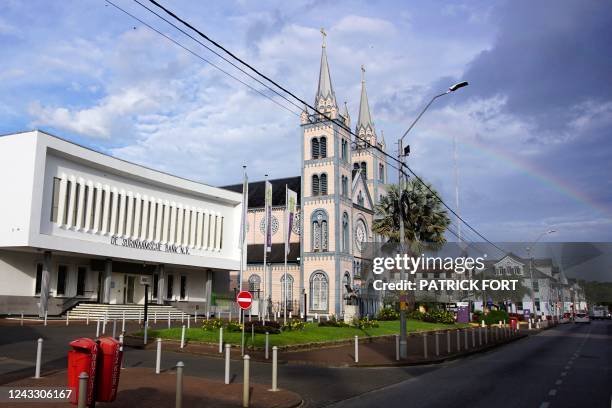 View of the Surinaamsche bank and the Cathedral-Basilica of Saint Peter and Paul at Henck Arron Straat, in Paramaribo, Suriname, on September 16,...