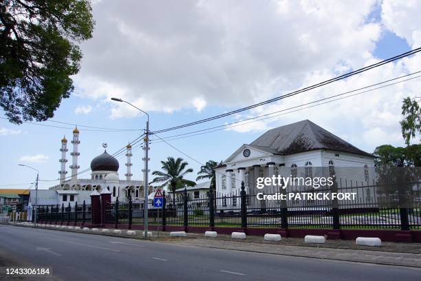 View of the Neveh Shalom Synagogue and the Grand Mosque of Paramaribo, in Paramaribo, Suriname, on September 14, 2022.