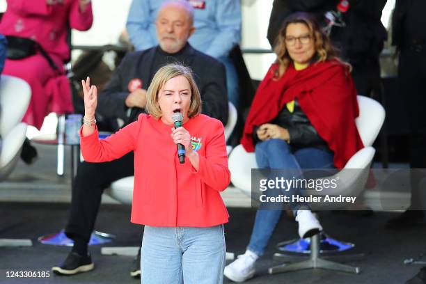 President of the Worker's party Gleisi Hoffmann speaks to supporters during a campaign rally of former president of Brazil and current presidential...