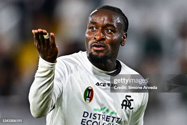 Bala Nzola of Spezia celebrates after the Serie A match between Spezia Calcio and UC Sampdoria at Stadio Alberto Picco on September 17, 2022 in La...