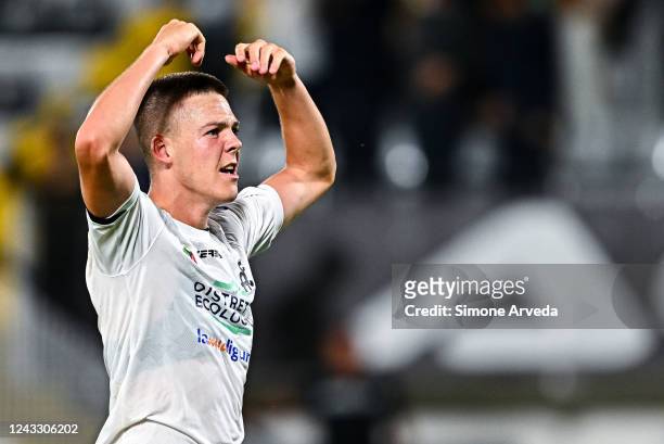 Emil Holm of Spezia celebrates after the Serie A match between Spezia Calcio and UC Sampdoria at Stadio Alberto Picco on September 17, 2022 in La...