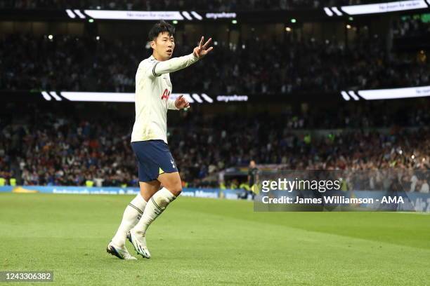 Son Heung-min of Tottenham Hotspur celebrates after scoring a goal to make it 6-2 and giving him a hat trick during the Premier League match between...