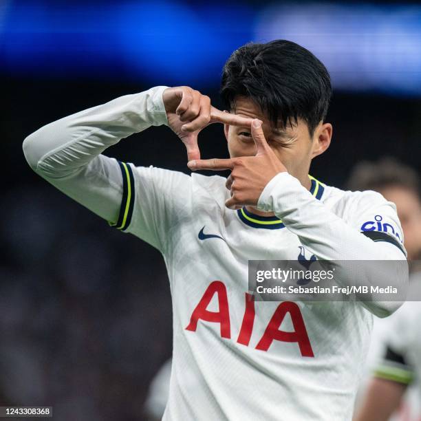 Son Heung-min of Tottenham Hotspur celebrates after scoring his 2nd and his team 5th goal during the Premier League match between Tottenham Hotspur...