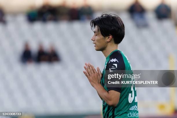 Cercle's Ayase Ueda celebrates after scoring during a soccer match between Cercle Brugge and KV Oostende, Saturday 17 September 2022 in Brugge, on...