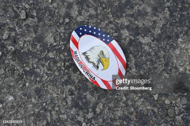 Made In China" tag on the ground before a rally with former US President Donald Trump at the Covelli Center in Youngstown, Ohio, US, on Saturday,...