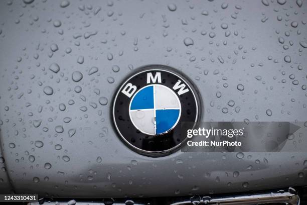 The logo of BMW during a Classic Cars show Coppa del Gran Sasso dItalia 2022 in Piazza Duomo, L'Aquila, Italy, on September 17, 2022.