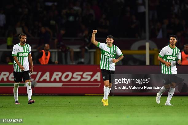 Agustin Alvarez of US Sassuolo celebrates the opening goal during the Serie A match between Torino FC and US Sassuolo at Stadio Olimpico di Torino on...