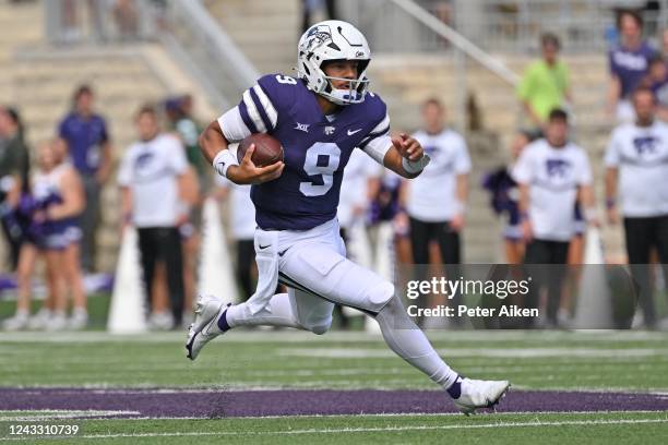Quarterback Adrian Martinez of the Kansas State Wildcats runs up field against the Tulane Green Wave during the first half at Bill Snyder Family...