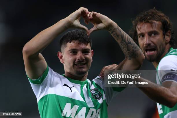 Agustin Alvarez of US Sassuolo celebrates after scoring his team's first goal during the Serie A match between Torino FC and US Sassuolo at Stadio...