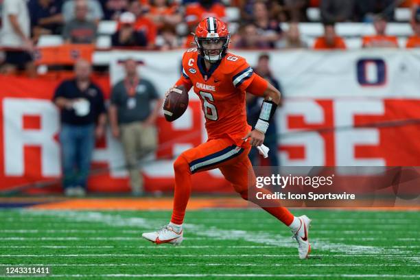 Syracuse Orange Quarterback Garrett Shrader runs with the ball during the second half of the College Football Game between the Purdue Boilermakers...