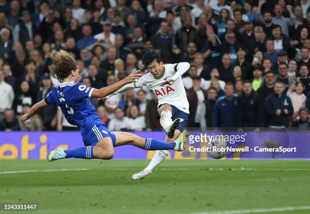 Tottenham Hotspur's Son Heung-Min scores his side's sixth goal during the Premier League match between Tottenham Hotspur and Leicester City at...