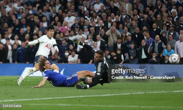 Tottenham Hotspur's Son Heung-Min scores his side's sixth goal during the Premier League match between Tottenham Hotspur and Leicester City at...