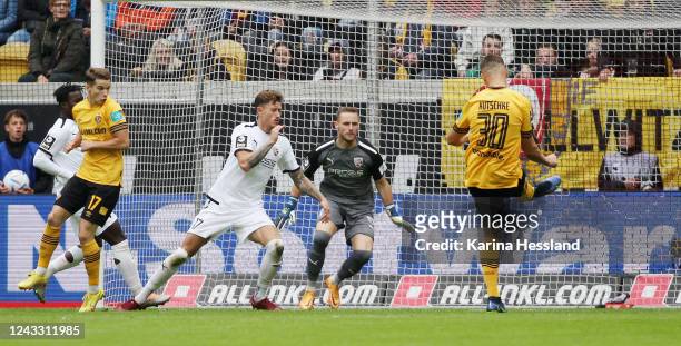 Stefan Kutschke of Dresden scores the opening goal during the 3.Liga match between SG Dynamo Dresden and FC Ingolstadt 04 at Rudolf-Harbig-Stadion on...