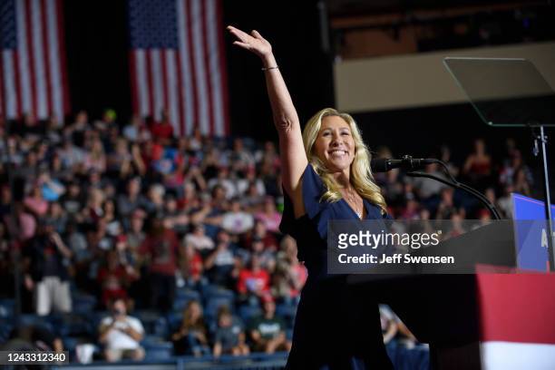 Rep. Marjorie Taylor Greene enters the stage at a Save America Rally at the Covelli Centre on September 17, 2022 in Youngstown, Ohio. Republican...