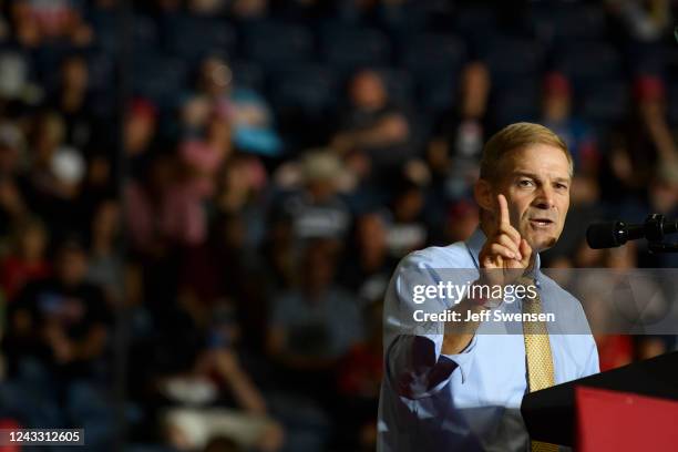 Rep. Jim Jordan speaks to supporters at a Save America Rally at the Covelli Centre on September 17, 2022 in Youngstown, Ohio. Republican Senate...