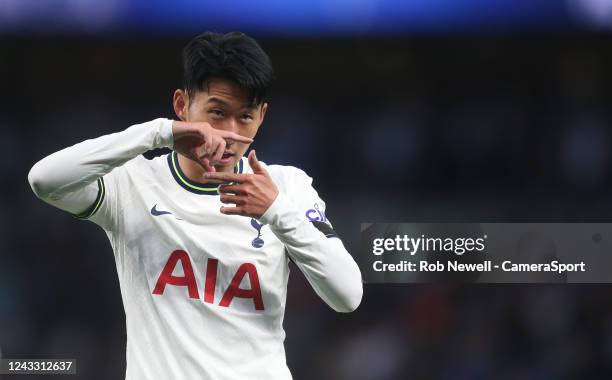 Tottenham Hotspur's Son Heung-Min celebrates scoring his side's fifth goal during the Premier League match between Tottenham Hotspur and Leicester...