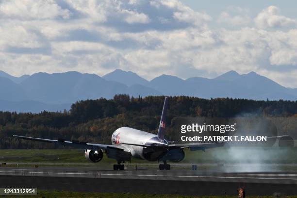 FedEx Express Boeing 777 cargo aircraft lands at the Ted Stevens International Airport in Anchorage, Alaska on September 17, 2022. - The Ted Stevens...