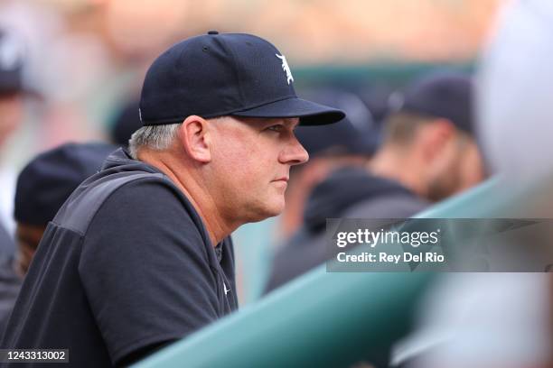 Manager A.J. Hinch of the Detroit Tigers looks on in the second inning against the Chicago White Sox at Comerica Park on September 17, 2022 in...