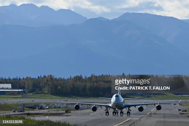 United Parcel Service Boeing 747 cargo aircraft taxis after landing at the Ted Stevens International Airport in Anchorage, Alaska on September 17,...