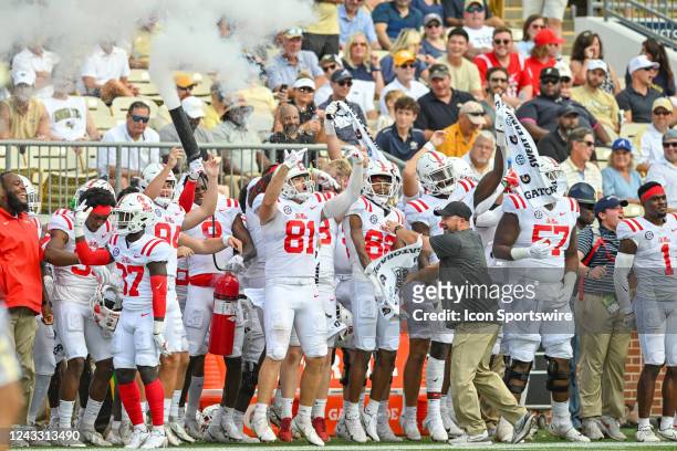Ole Miss players celebrate on the sideline after touchdown during the NCAA football game between the Ole Miss Rebels and the Georgia Tech Yellow...