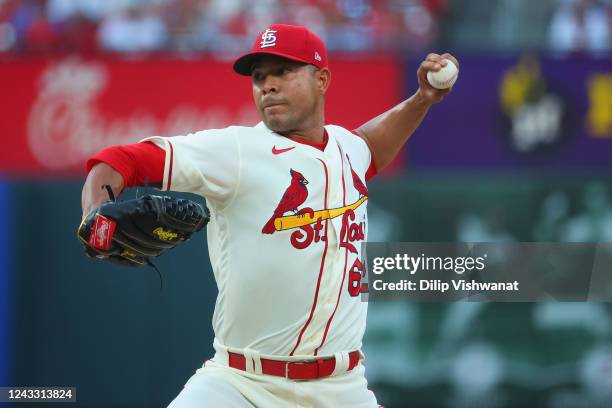 Jose Quintana of the St. Louis Cardinals delivers a pitch against the Cincinnati Reds in the first inning during game two of a doubleheader at Busch...