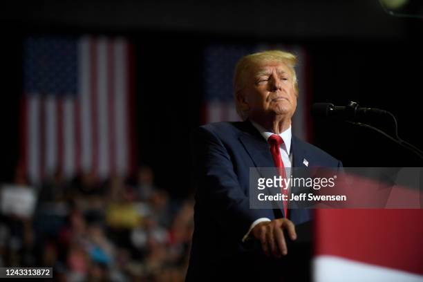Former President Donald Trump speaks at a Save America Rally to support Republican candidates running for state and federal offices in the state at...