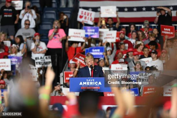 Former US President Donald Trump speaks to supporters during a rally in Youngstown, Ohio, US, on Saturday, Sept. 17, 2022. The 2022 election season...