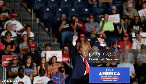 Former President Donald Trump speaks at a Save America Rally to support Republican candidates running for state and federal offices in the state at...