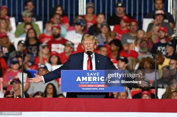 Former US President Donald Trump speaks to supporters during a rally in Youngstown, Ohio, US, on Saturday, Sept. 17, 2022. The 2022 election season...