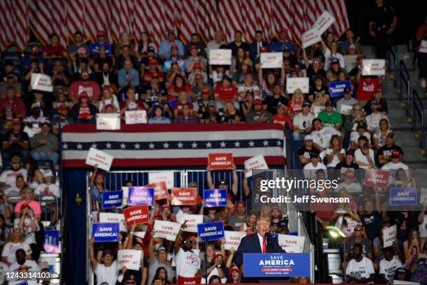 Former President Donald Trump speaks at a Save America Rally to support Republican candidates running for state and federal offices in the state at...