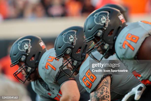 Oklahoma State Cowboys offensive line during the game against the Arkansas-Pine Bluff Golden Lions on September 17th, 2022 at Boone Pickens Stadium...