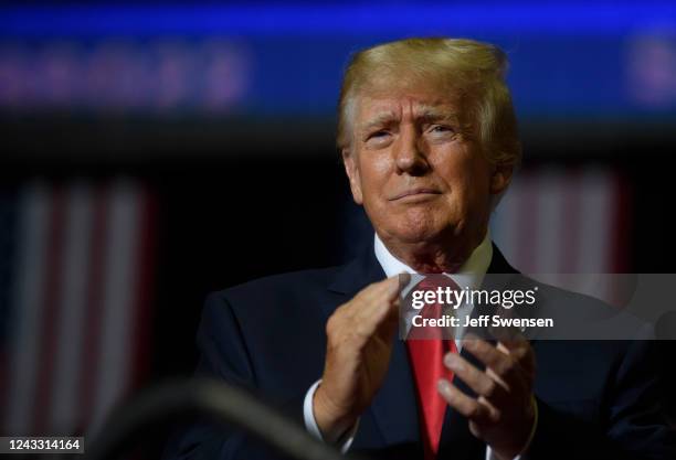 Former President Donald Trump speaks at a Save America Rally to support Republican candidates running for state and federal offices in the state at...